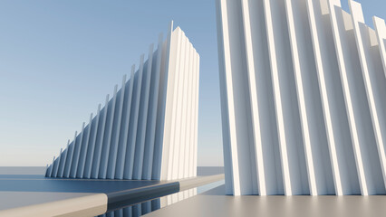 Fototapeta premium 3D render of white minimalist geometric pavilions under a clear blue sky. Ideal for modern architecture agency website banners, futuristic real estate ads, and corporate design backdrops