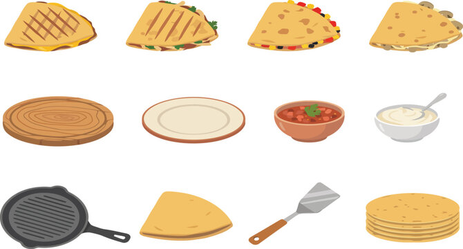 Set of flat vector illustrations featuring various quesadilla ingredients and cooking tools for Mexican cuisine