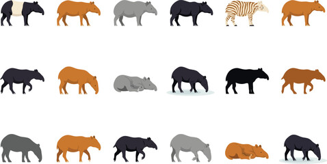 Obraz premium Set of flat vector illustrations featuring various tapirs in different poses and colors on a neutral grey background.