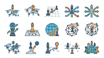 Chess Pieces and World Map Icons Representing Global Strategy and Business Concepts. © Yu