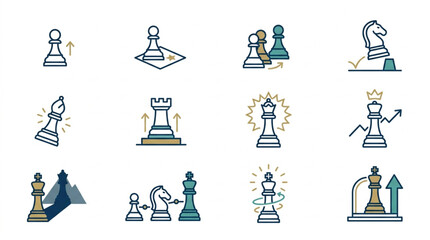 Chess Pieces Icons Representing Strategy and Business Growth. © Yu