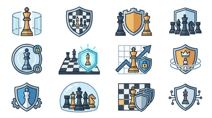 Chess Icons Set Strategy Game Pieces and Boards Collection. © Yu