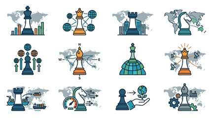 Chess Pieces and Business Strategy Icons on World Map Background. © Yu
