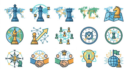 Chess Pieces and Business Strategy Icons Representing Global Business Concepts. © Yu