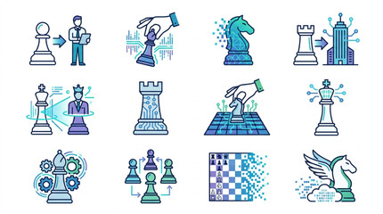 Chess Pieces and Business Strategy Icons. © Yu