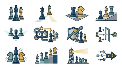 Chess Pieces and Strategy Icons Representing Business and Competition. © Yu