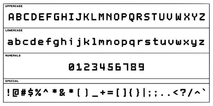 Digital Display of Uppercase and Lowercase Letters, Numbers, and Special Characters in a Monospace Font