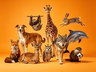 Obraz premium Giraffe Dog Deer Sloth Fox Wolf Dolphin on Vibrant Orange Background 