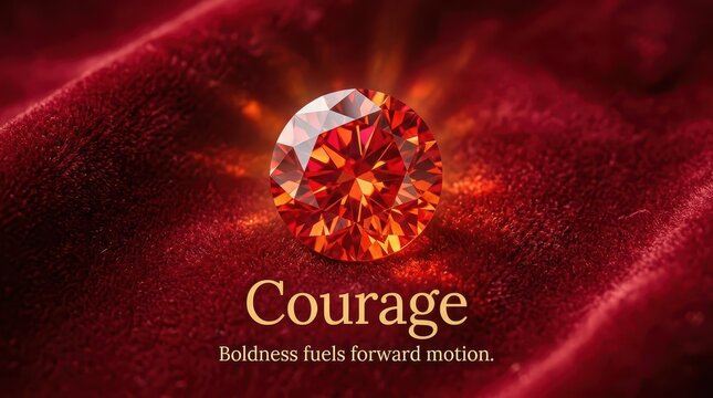 Symbolic Red Gemstone with 'Courage' Text on Velvet - Metaphor for Strength, Boldness, and Forward Motion
