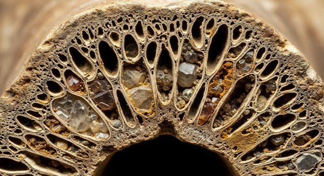 Macro View of Cross-Sectioned Plant Stem Showing Intricate Cellular Structure.
