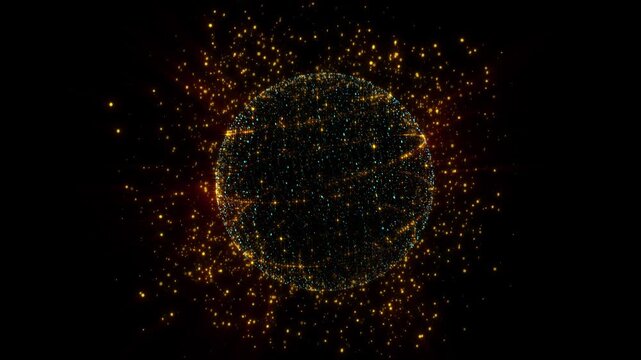 A glowing spherical network of golden particles shines in virtual space, embodying digital interconnectedness, cosmic energy, artificial intelligence, quantum technologies, data streams, and futuristi