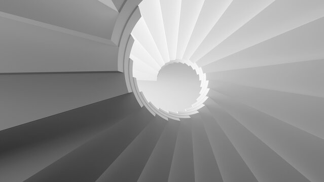 3D render of a white minimalist spiral staircase tunnel. Ideal for futuristic architecture website banners, modern business growth slides, and elegant technology backdrops