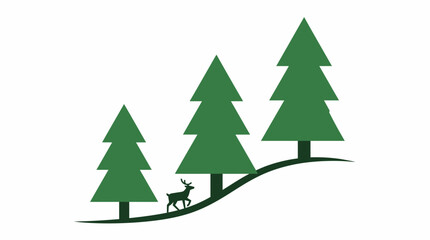 Obraz premium Minimalist Nature Logo with Green Pine Trees and a Deer Silhouette on a Hill Landscape