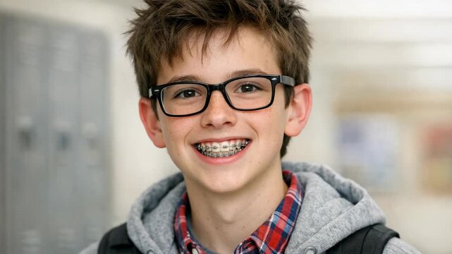 Happy young boy wearing eyeglasses and braces, showing teeth proudly.