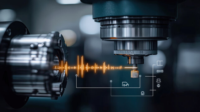 Cnc machine tool displaying digital soundwave data visualization representing smart industrial automation technology