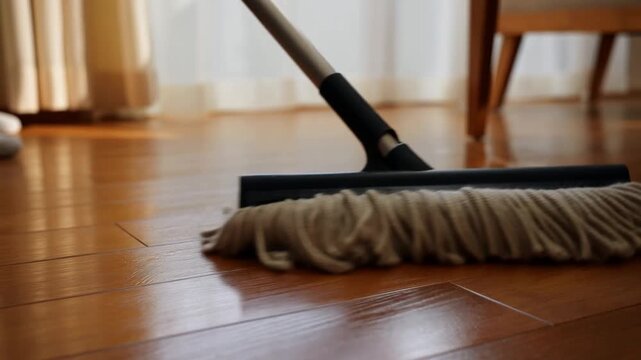 Tracking shot of mop head gliding across polished hardwood floor in sunlit living room interior