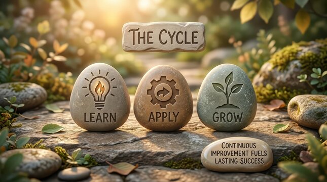 The Cycle: Learn, Apply, Grow. Stones symbolizing continuous improvement and lasting success in a natural outdoor setting.