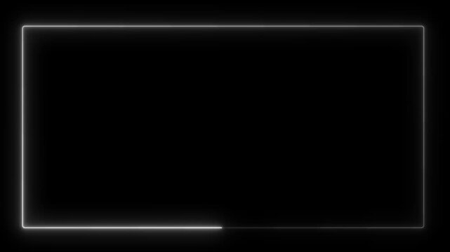 Minimalist white neon glowing rectangular frame border animation on black background, rectangle