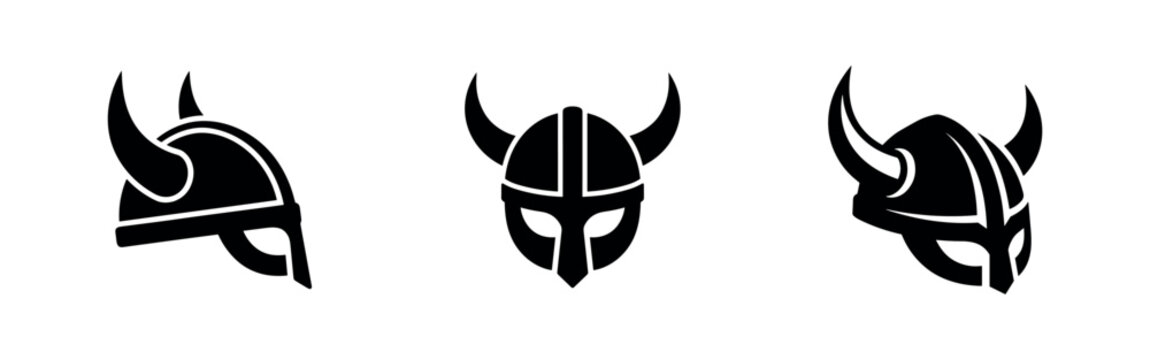 Viking Helmet Icons Set. Warrior Horned Helmet Symbol from Different Angles. Norse Ancient War Headwear.