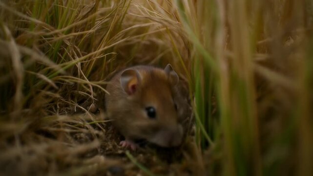 Slow motion tracking shot of field mouse emerging and sniffing while exploring grassy undergrowth in meadow ground during morning autumn light
