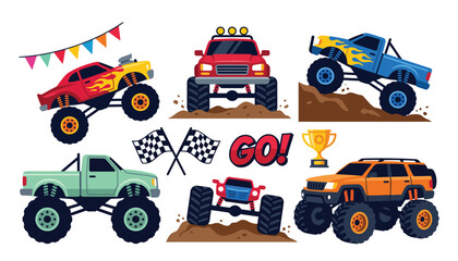 Monster truck vector illustration set featuring extreme offroad vehicles, racing flags, big wheels and dirt stunt elements. © Creative Studio 