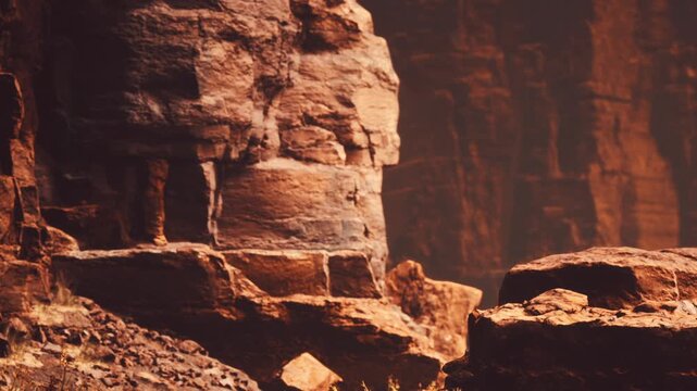 A group of people are walking through a canyon. They are observing the rock formations and taking photos. The light is warm and creates shadows on the rocks.