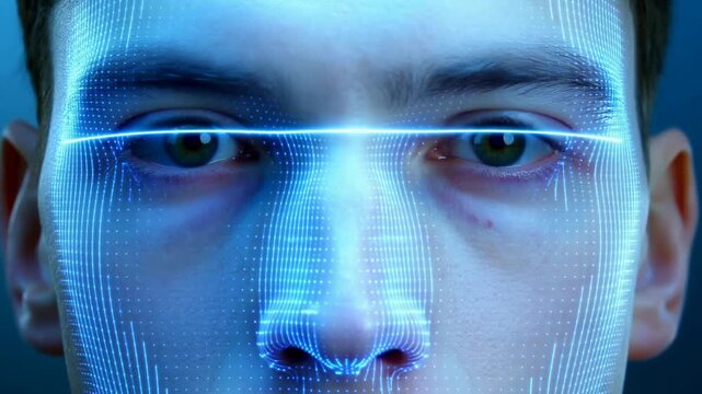 Static shot close up of male face undergoing biometric facial scan with glowing blue grid and horizontal scanner line in studio lab interior