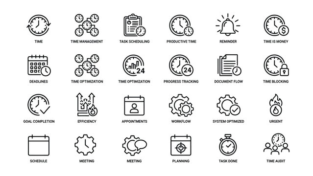Set of business productivity and time management icons for workflow optimization and efficiency