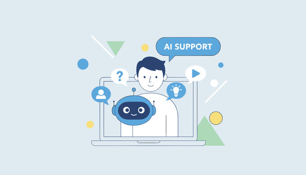 Modern artificial intelligence chatbot and a human customer support agent helping clients on a laptop screen.