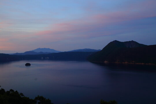 Blue hour view of Lake Mashu in Hokkaido Japan