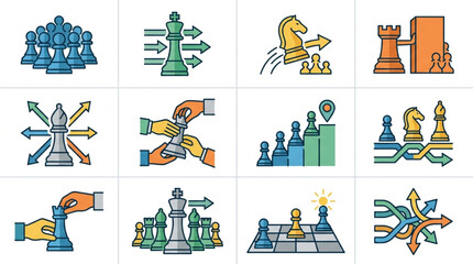 Chess Strategy Icons Representing Business and Planning Concepts. © Tony