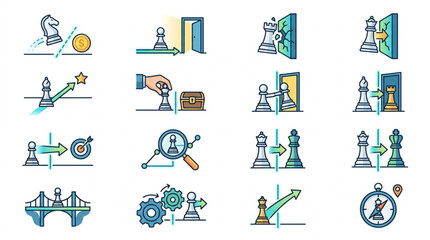 Chess Strategy Icons Representing Business Concepts and Decision Making. © Tony