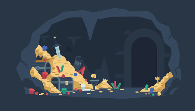 Underground treasure cave filled with piles of gold coins, locked chests, valuable gems, and ancient artifacts.