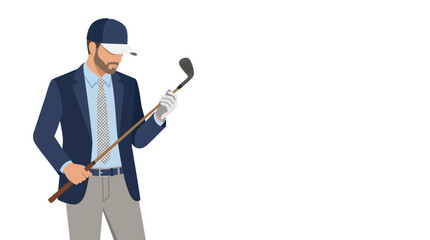 Obraz premium Businessman in a formal blazer holds a golf club while standing against a clean white background.