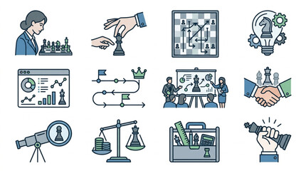 Chess Strategy and Business Planning Icons Collection. © Tony