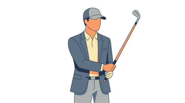 Businessman wearing a sports jacket holds a golf club while preparing for a social outing.