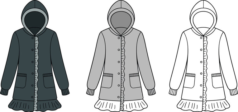 Collection of cute hooded rain jackets with decorative ruffles for childrens outerwear apparel design and fashion concepts