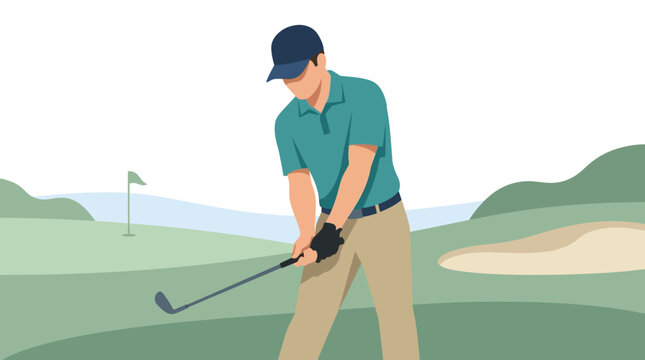 Golfer wearing a cap focuses on his swing mechanics while standing on a lush green golf course landscape.