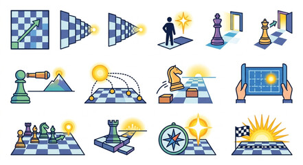 Chess Strategy and Tactics Icons Set Representing Planning and Decision Making. © Tony