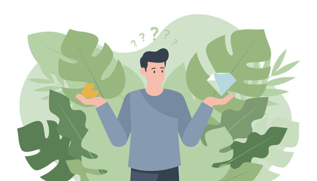 Young man balances a pile of gold coins and a shiny diamond in his hands while choosing between wealth values.