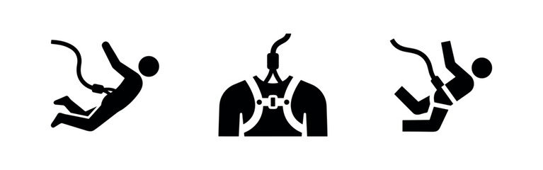 Set of bungee jumping icons, extreme sport activity with person diving from a height. © Lili