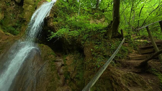 Water flows gently over mossy rocks in a forested ravine. Sokobanja, Serbia.