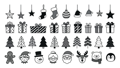 Christmas doodle vector illustration set featuring gift boxes, pine trees, santa claus, snowman, reindeer and holiday ornaments. © Creative Studio 