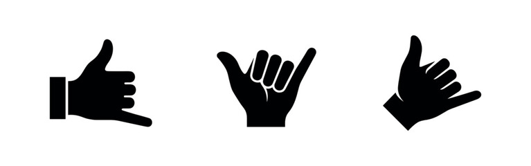 Shaka hand gesture icon set. Call me sign or hang loose symbol in different styles. © Lili