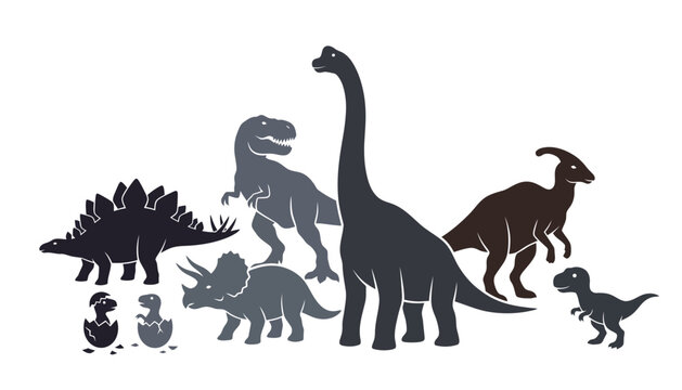 Dinosaur silhouette vector illustration set featuring tyrannosaurus rex, brachiosaurus, triceratops, stegosaurus and hatching baby dinosaurs.