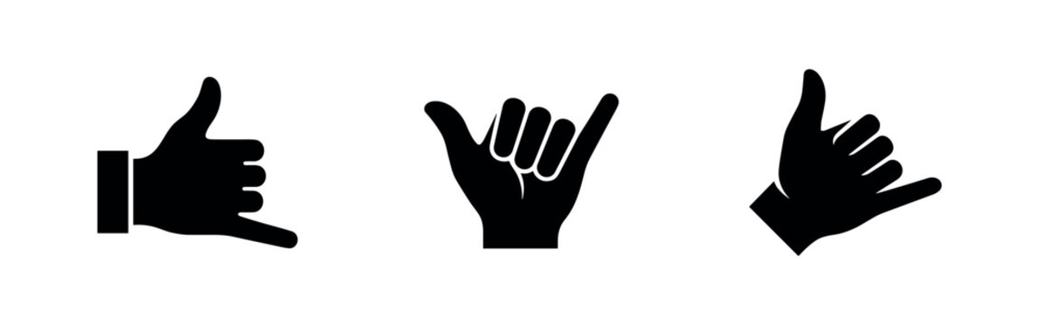 Shaka hand gesture icon set. Call me sign or hang loose symbol in different styles.