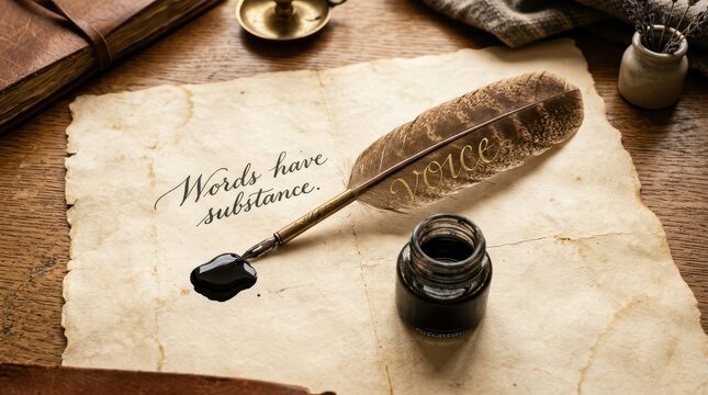 Vintage writing desk with quill pen, inkwell, and parchment paper bearing the quote 'Words have substance.'