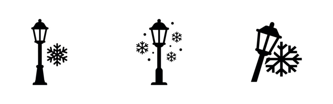 Winter Street Lamp Icons: Lamppost with Snowflakes, Christmas and Cold Season Symbols
