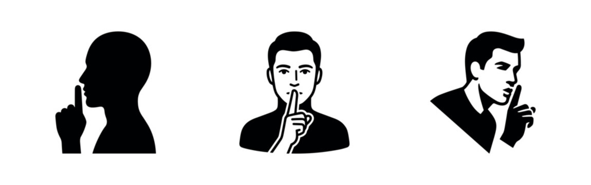 Shush Gesture Icons: Silence, Quiet, and Confidentiality Symbols with Finger on Lips