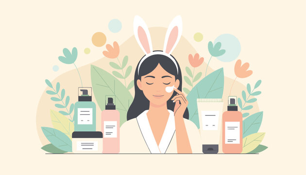 Beautiful woman wearing bunny ears headband applying face cream surrounded by skincare products and green leaves.